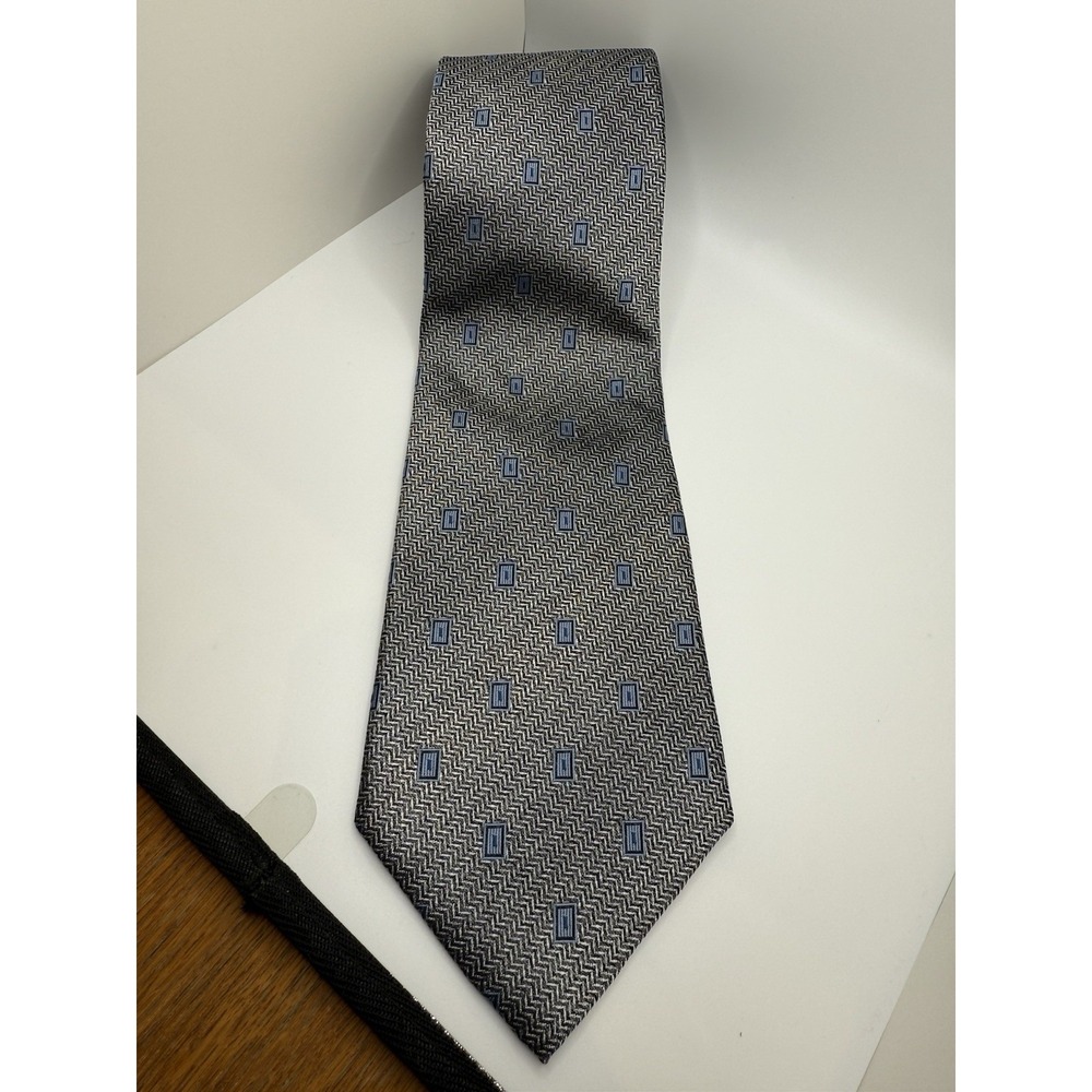 Burma Bibas Silk Tie Gray Blue Geometric Chevron Pattern Classic Length 60" x 4"